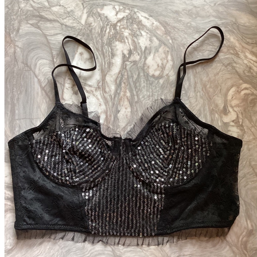 Wild Fable Black Lace Sequin Bustier Crop Top Underwire Straps Small